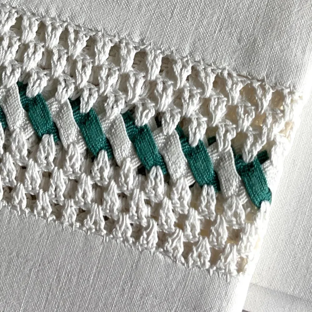 Set of 2 Vintage White Pillowcases Crocheted Lace Inset with Woven Green Ribbon
